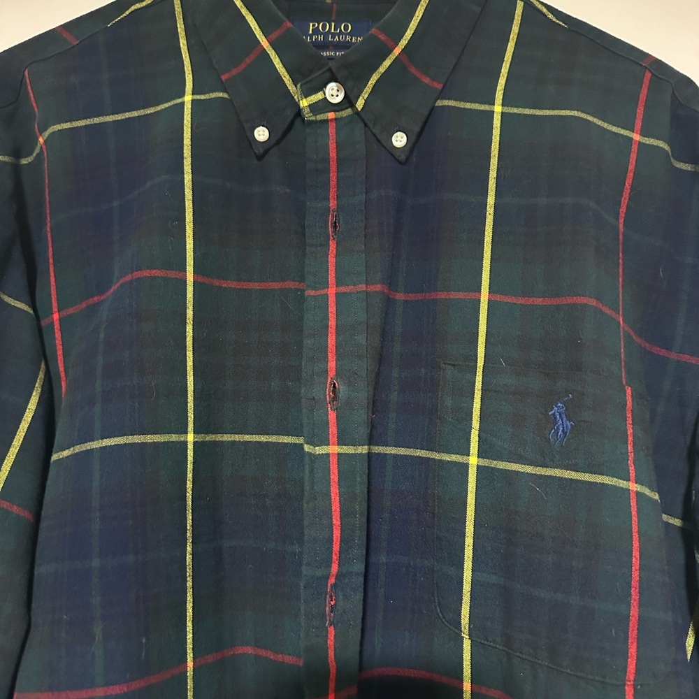 Ralph Lauren Men's Plaid Shirt - Navy, Yellow, and Red